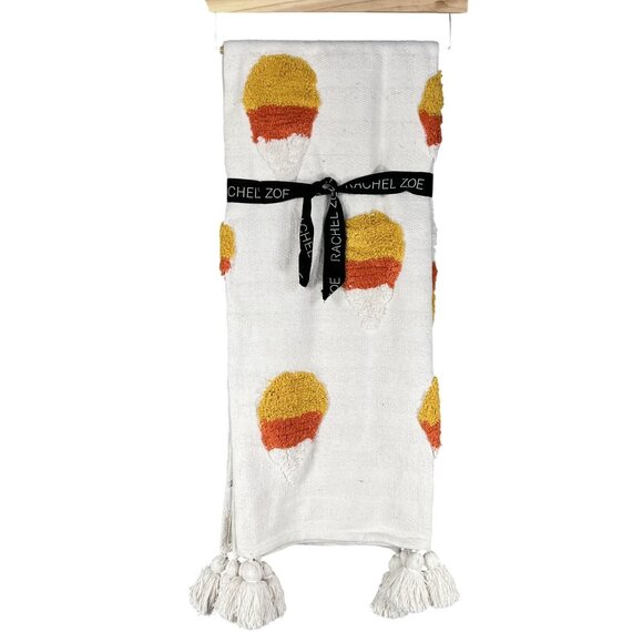 Rachel Zoe NWT Throw Blanket 50" X 60" Off White Tri Color 3D Candy Corn Tassels - Picture 2 of 9